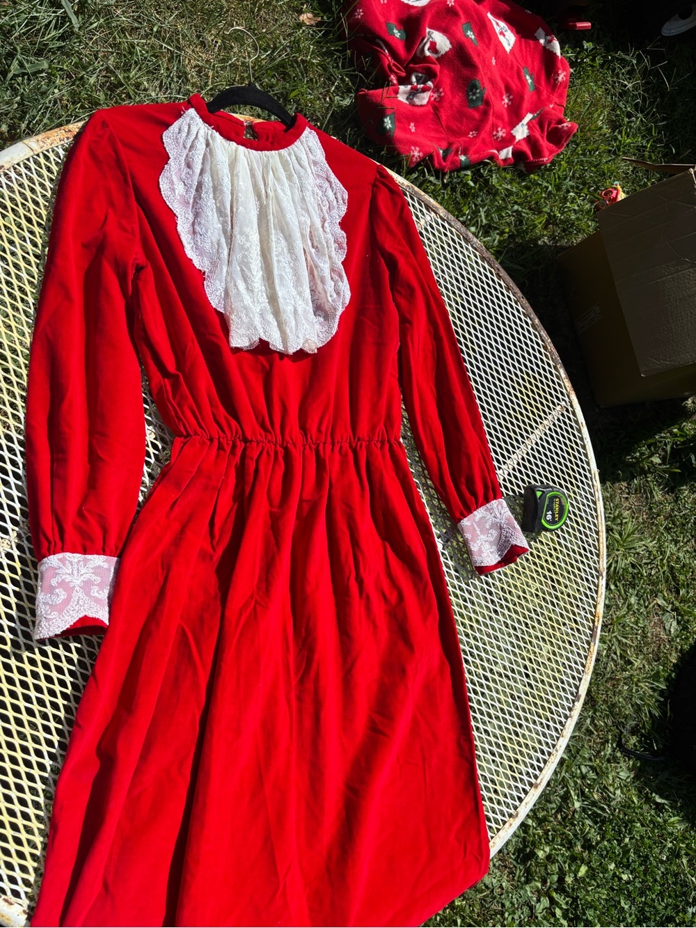Vintage 70s/80s Crimson Red Velvet Dress with Cream Lace Bib Ruffle Collar